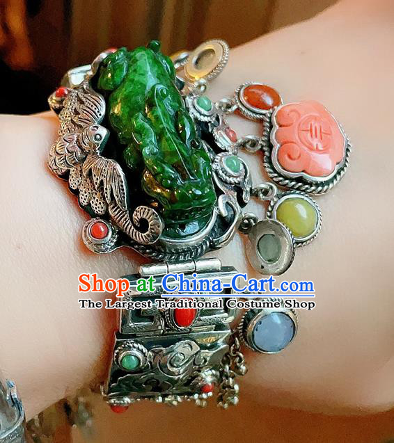 Chinese National Jadeite Tiger Bracelet Jewelry Traditional Handmade Accessories Silver Carving Bat Bangle