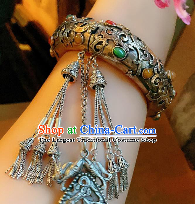 Top Chinese National Silver Bracelet Jewelry Traditional Handmade Accessories Gems Bangle