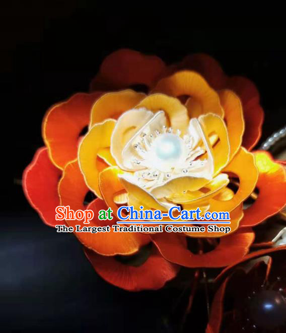 China Handmade Ancient Princess Orange Peony Hair Stick Traditional Hair Accessories Song Dynasty Pearls Hairpin
