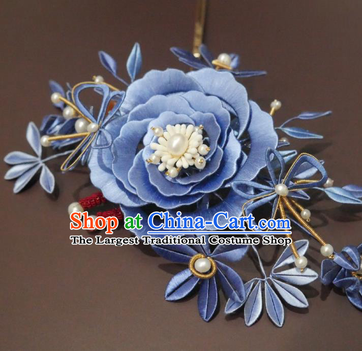 China Ming Dynasty Blue Silk Peony Hairpin Handmade Ancient Princess Hair Stick Traditional Hair Accessories