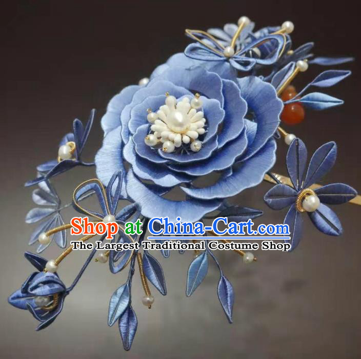 China Ming Dynasty Blue Silk Peony Hairpin Handmade Ancient Princess Hair Stick Traditional Hair Accessories