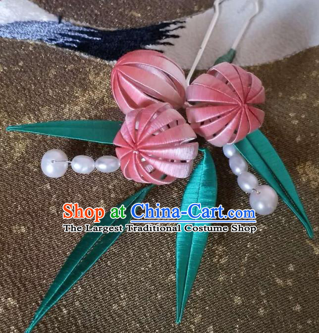 China Handmade Ancient Princess Silk Peach Hair Stick Traditional Hair Accessories Song Dynasty Hairpin
