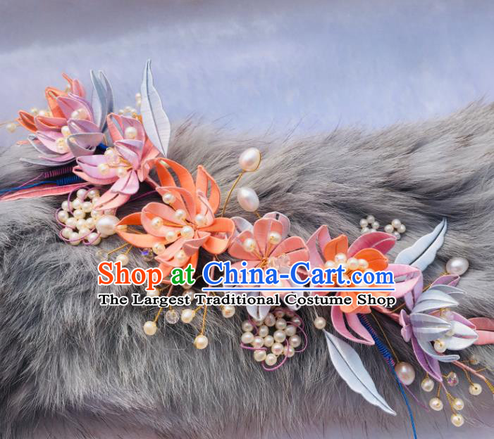 China Song Dynasty Hairpin Traditional Pearls Hair Accessories Handmade Ancient Princess Silk Flowers Hair Clasp