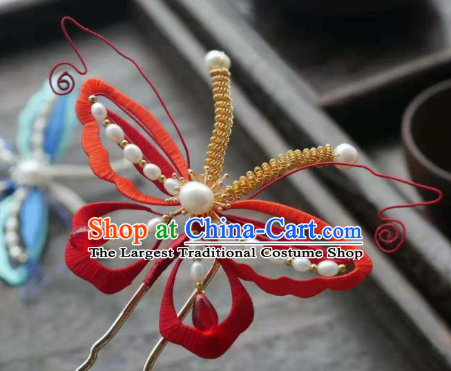 China Song Dynasty Red Butterfly Hairpin Traditional Hair Accessories Handmade Ancient Princess Pearls Hair Stick