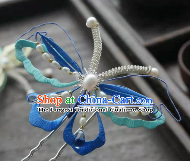 China Handmade Ancient Princess Blue Butterfly Hair Stick Traditional Hair Accessories Song Dynasty Pearls Hairpin