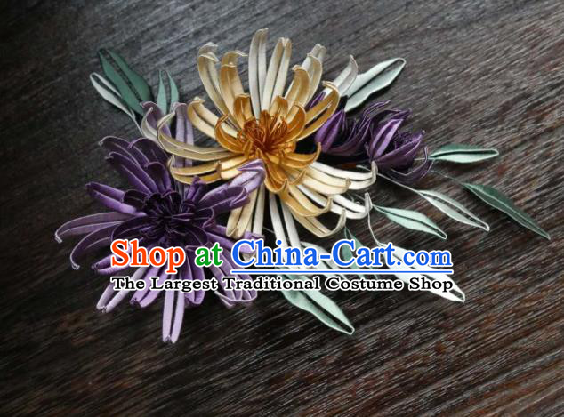 China Handmade Ming Dynasty Hairpin Ancient Princess Silk Chrysanthemum Hair Stick Traditional Hair Accessories
