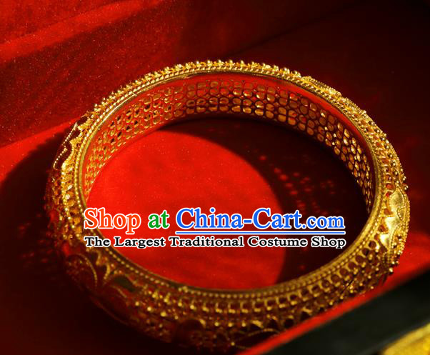 Handmade Chinese Traditional Ming Dynasty Filigree Bracelet Accessories Wedding Golden Bangle Jewelry