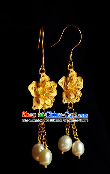 Chinese Traditional Ming Dynasty Golden Peach Blossom Earrings Accessories Ancient Empress Pearls Tassel Ear Jewelry