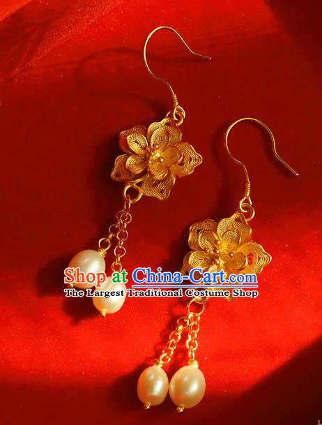 Chinese Traditional Ming Dynasty Golden Peach Blossom Earrings Accessories Ancient Empress Pearls Tassel Ear Jewelry