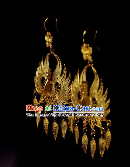 Chinese Traditional Ming Dynasty Earrings Accessories Ancient Empress Golden Phoenix Ear Jewelry