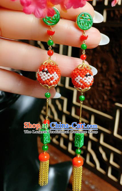 Chinese National Jadeite Tassel Earrings Traditional Jewelry Handmade Red Beads Ear Accessories