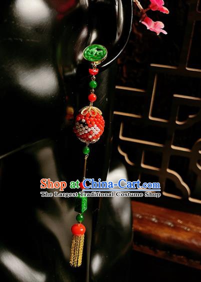 Chinese National Jadeite Tassel Earrings Traditional Jewelry Handmade Red Beads Ear Accessories