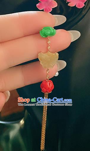 Chinese National Jade Butterfly Earrings Traditional Jewelry Handmade Golden Tassel Ear Accessories