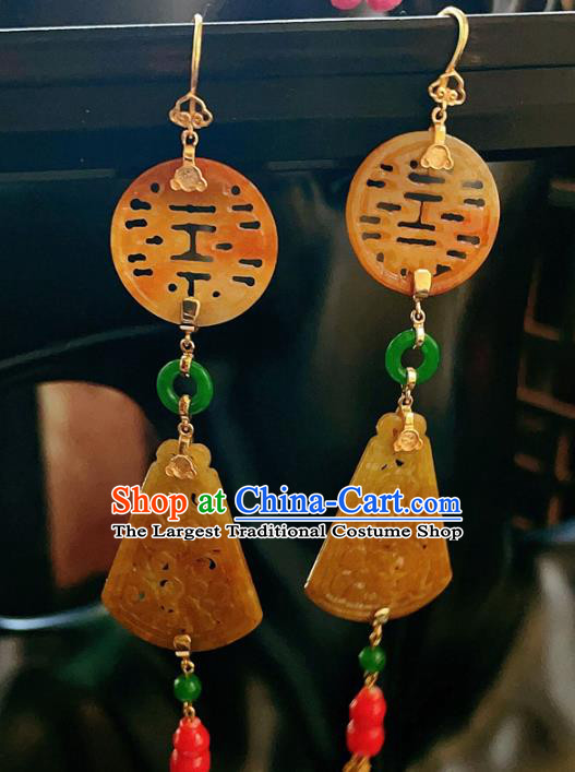 Chinese National Wedding Earrings Traditional Jewelry Handmade Jadeite Tassel Ear Accessories