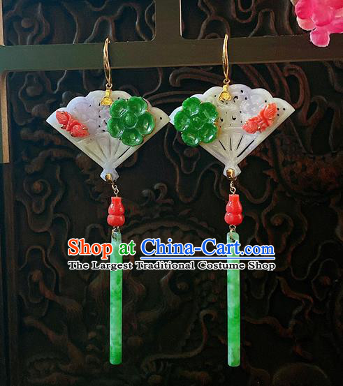 Chinese National Jadeite Fan Earrings Traditional Jewelry Handmade Ear Accessories
