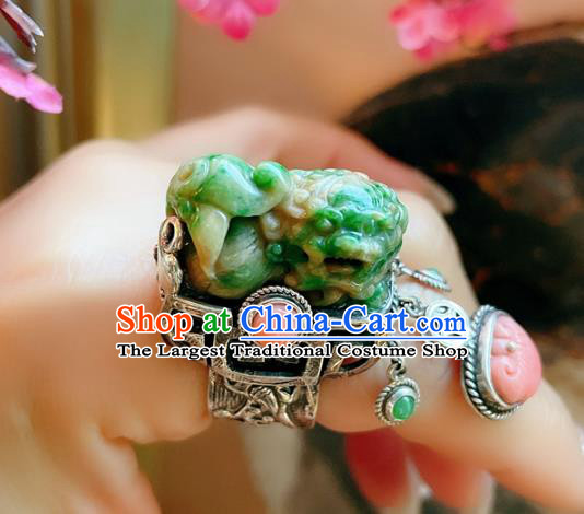 Top Chinese National Ring Silver Jewelry Traditional Handmade Accessories Jade Carving Lion Circlet