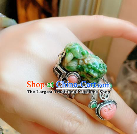 Top Chinese National Ring Silver Jewelry Traditional Handmade Accessories Jade Carving Lion Circlet