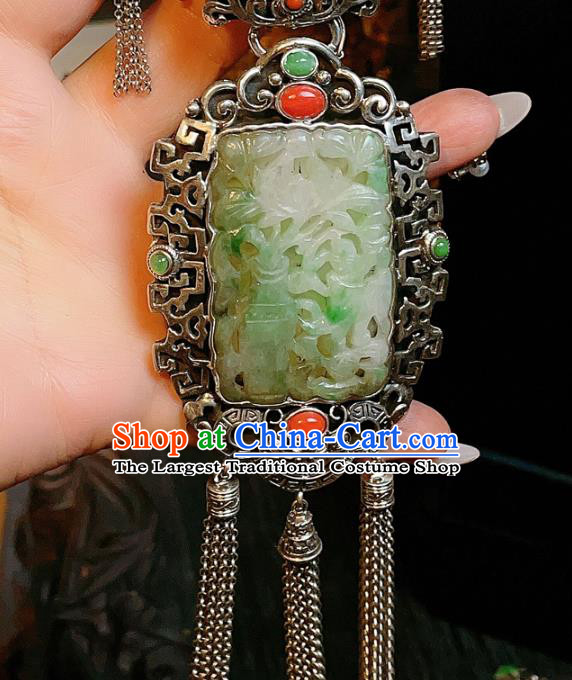 China Traditional Silver Tassel Necklace Accessories Handmade Wedding Jade Necklet Pendant