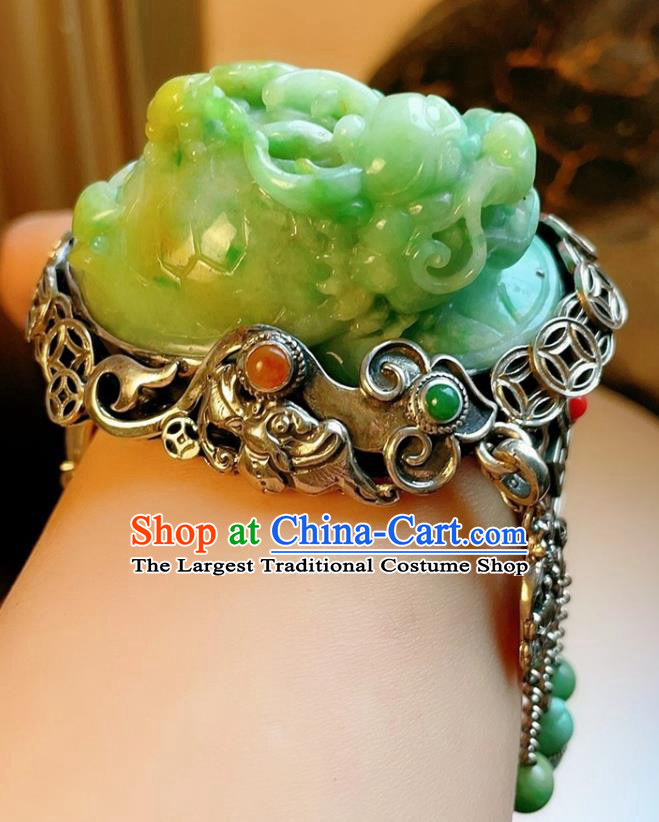 Handmade Chinese National Jade Carving Dragon Bracelet Accessories Traditional Culture Jewelry Silver Bangle
