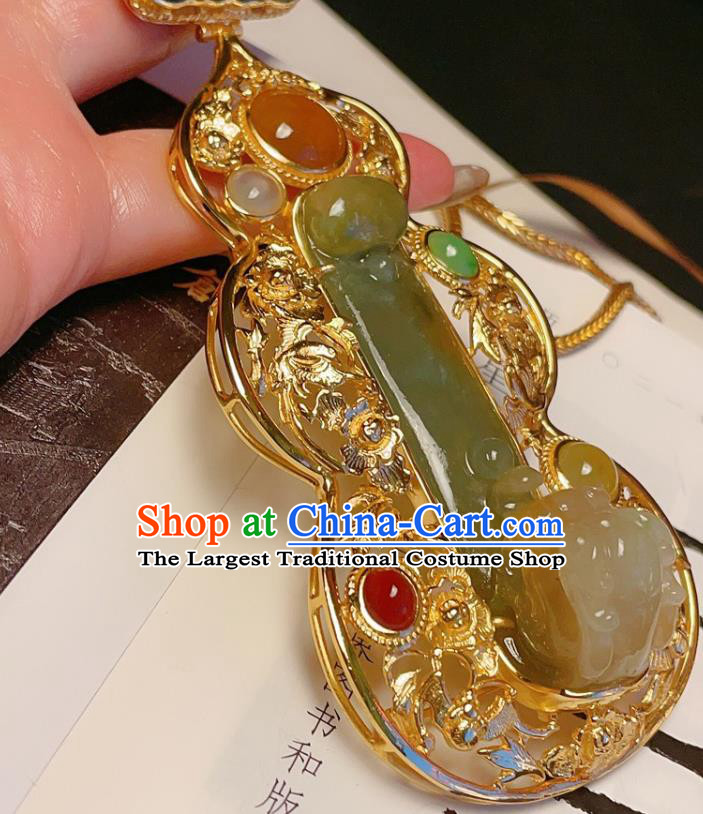 China Traditional Gilding Silver Necklace Accessories Handmade Wedding Jadeite Gourd Necklet Pendant