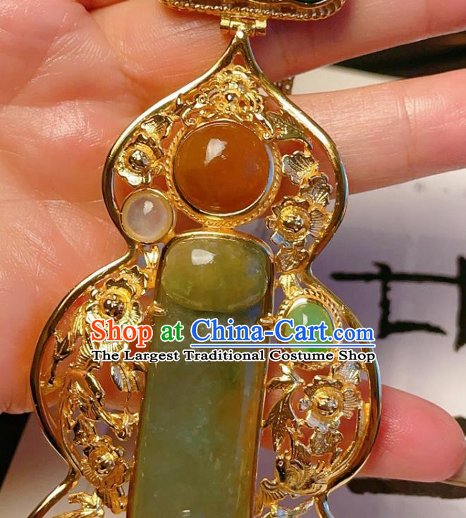 China Traditional Gilding Silver Necklace Accessories Handmade Wedding Jadeite Gourd Necklet Pendant