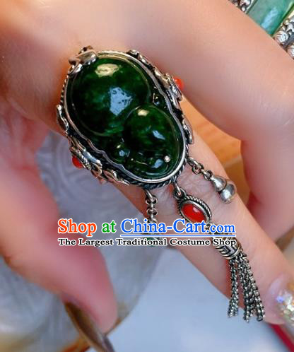 Top Chinese National Green Jadeite Ring Jewelry Traditional Handmade Wedding Accessories Silver Gourd Tassel Circlet