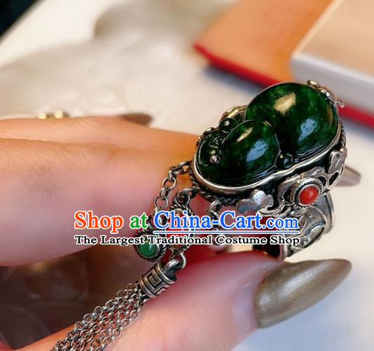 Top Chinese National Green Jadeite Ring Jewelry Traditional Handmade Wedding Accessories Silver Gourd Tassel Circlet