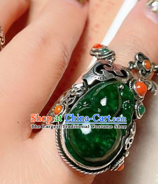 Top Chinese National Wedding Silver Ring Jewelry Traditional Handmade Accessories Green Jadeite Circlet