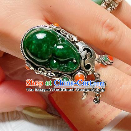 Top Chinese National Wedding Silver Ring Jewelry Traditional Handmade Accessories Green Jadeite Circlet