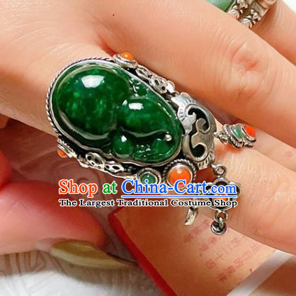 Top Chinese National Wedding Silver Ring Jewelry Traditional Handmade Accessories Green Jadeite Circlet