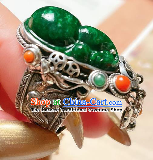 Top Chinese National Wedding Silver Ring Jewelry Traditional Handmade Accessories Green Jadeite Circlet