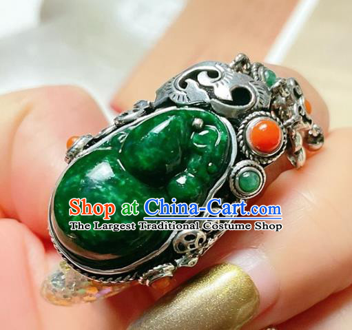 Top Chinese National Wedding Silver Ring Jewelry Traditional Handmade Accessories Green Jadeite Circlet