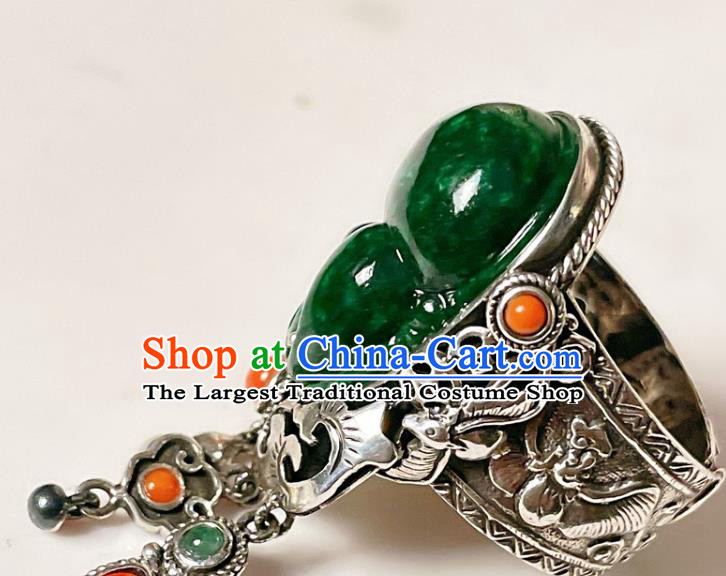 Top Chinese National Wedding Silver Ring Jewelry Traditional Handmade Accessories Green Jadeite Circlet