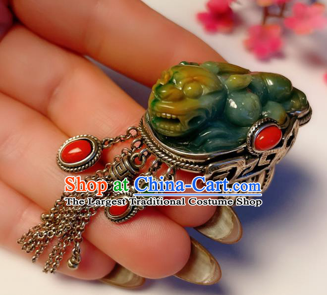 Top Chinese National Jade Carving Pi Xiu Ring Jewelry Traditional Handmade Accessories Wedding Silver Tassel Circlet