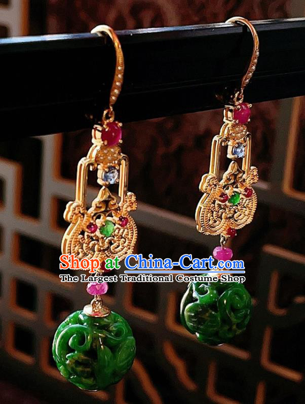 Chinese National Jadeite Carving Earrings Traditional Jewelry Handmade Tourmaline Ear Accessories