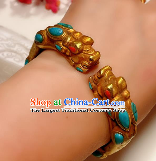 Handmade Chinese National Kallaite Bracelet Accessories Traditional Culture Jewelry Gilding Dragon Head Bangle