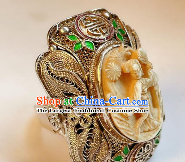 Top Chinese National Carving Beauty Ring Jewelry Traditional Handmade Accessories Silver Circlet