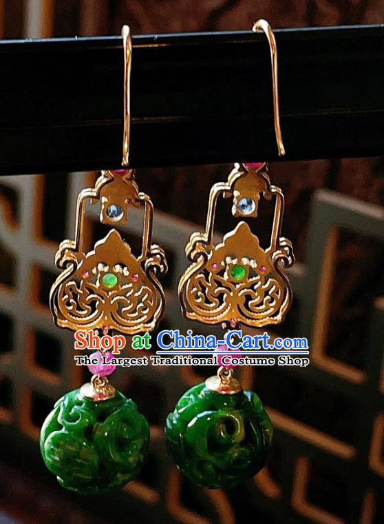 Chinese National Jadeite Carving Earrings Traditional Jewelry Handmade Tourmaline Ear Accessories