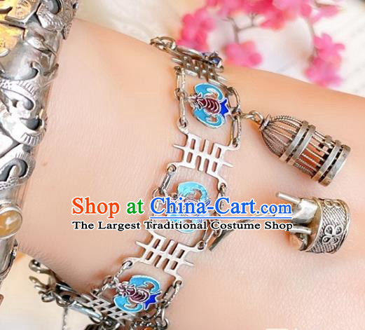 Handmade Chinese Cloisonne Fish Bat Bracelet Accessories Traditional Culture Jewelry Silver Bangle