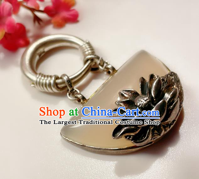 Top Chinese National Silver Lotus Ring Jewelry Traditional Handmade Accessories Hetian Jade Circlet