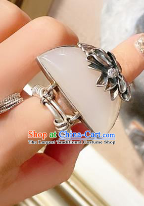 Top Chinese National Silver Lotus Ring Jewelry Traditional Handmade Accessories Hetian Jade Circlet