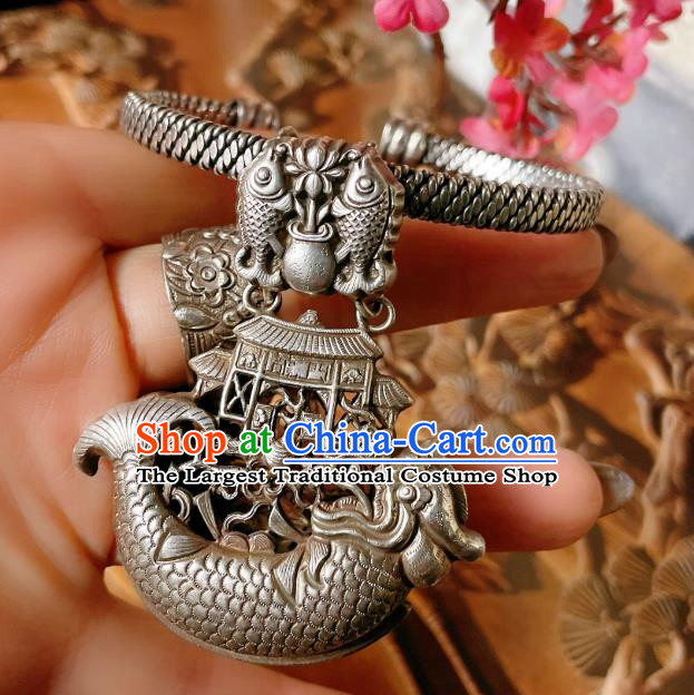 Handmade Chinese Silver Carp Bracelet Accessories Traditional Culture Jewelry National Carving Bangle
