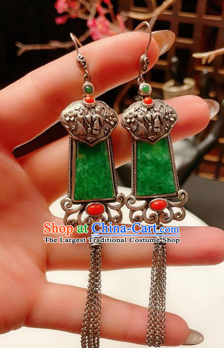Chinese National Silver Carving Tassel Earrings Traditional Jewelry Handmade Wedding Jadeite Ear Accessories