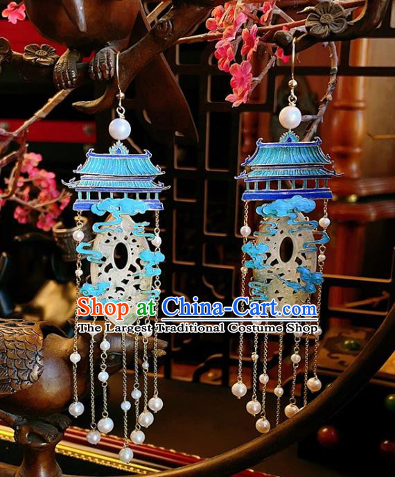 High Quality Chinese National Jadeite Earrings Traditional Jewelry Handmade Pearls Tassel Jade Ear Accessories