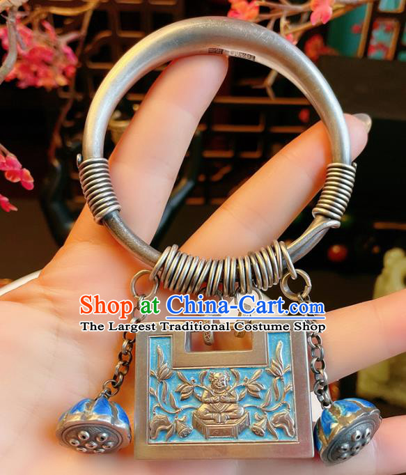 Handmade Chinese Blueing Lock Bracelet Accessories Traditional Culture Jewelry National Silver Carving Bangle
