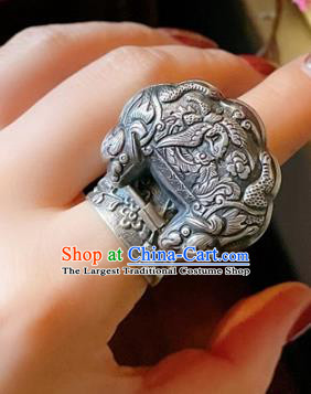Chinese National Carving Dragon Ring Jewelry Traditional Handmade Accessories Retro Silver Circlet