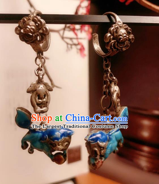 Chinese National Blueing Lion Earrings Traditional Jewelry Handmade Silver Ear Accessories