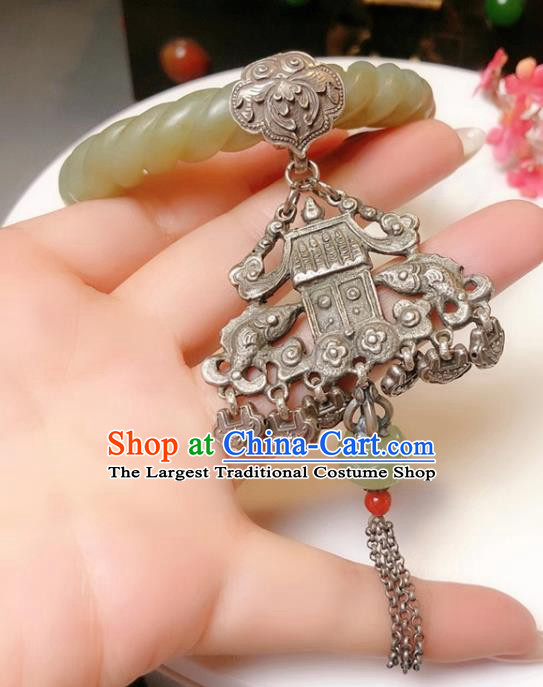 Handmade Chinese Hetian Jade Bracelet Accessories Traditional Culture Jewelry National Silver Pendant Bangle