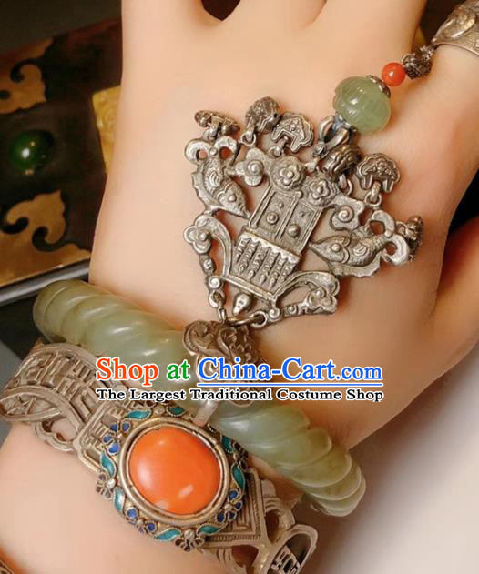 Handmade Chinese Hetian Jade Bracelet Accessories Traditional Culture Jewelry National Silver Pendant Bangle