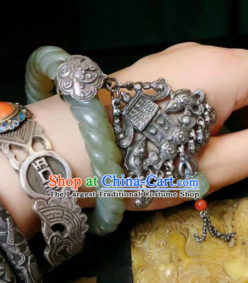 Handmade Chinese Hetian Jade Bracelet Accessories Traditional Culture Jewelry National Silver Pendant Bangle